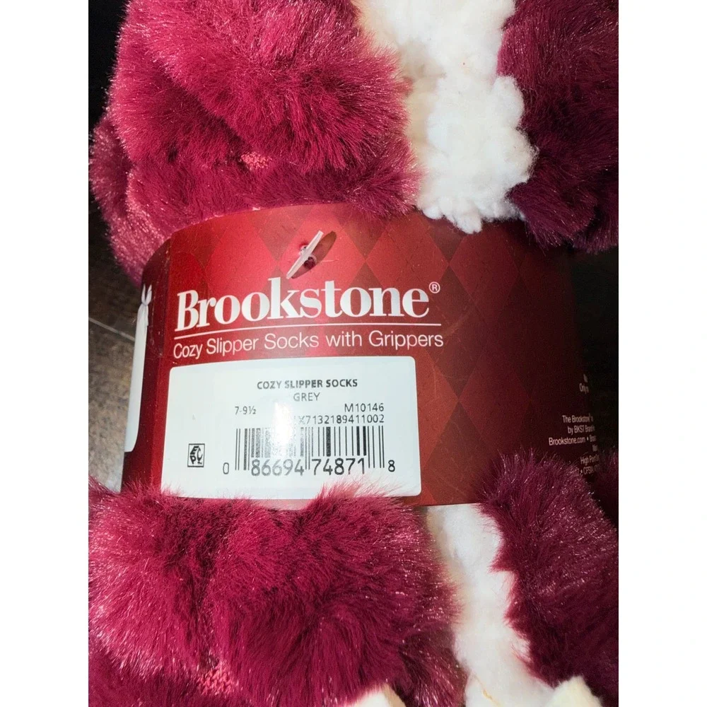 Brookstone 2-Pack Cozy Slipper Socks Anti slip Grippers Burgundy Grey Sz‎ 7-9.5